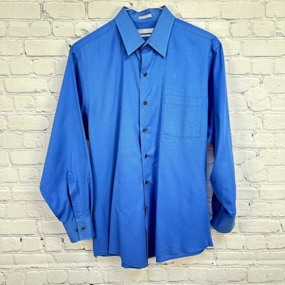 Van Heusen Satin Stripe Fitted Wrinkle Free Dress Shirt, Size 16.5 32/33, Blue
